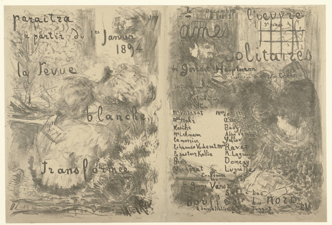 Obal na programovou brožuru s reklamou na La Revue Blanche a oznámením hry Ames solitaires La revue blanche transformée Ames solitaires od Edouard Vuillard