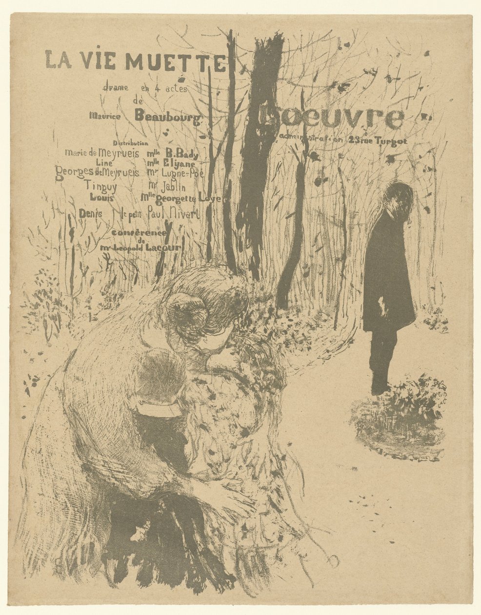 Obal programové brožury se ženou se dvěma dětmi a mužem v parku pro hru La vie muette se seznamem rolí a herců La vie muette od Edouard Vuillard