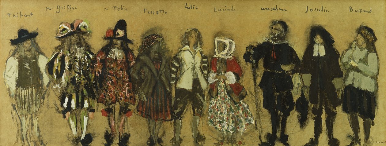 Studie na kostýmy pro devět herců ve filmu "La Coupe Enchantee" pro Jean de la Fountaine; Studie kostýmů pro devět postav z Začarovaného poháru Jean de la Fontaine, 1918 od Edouard Vuillard