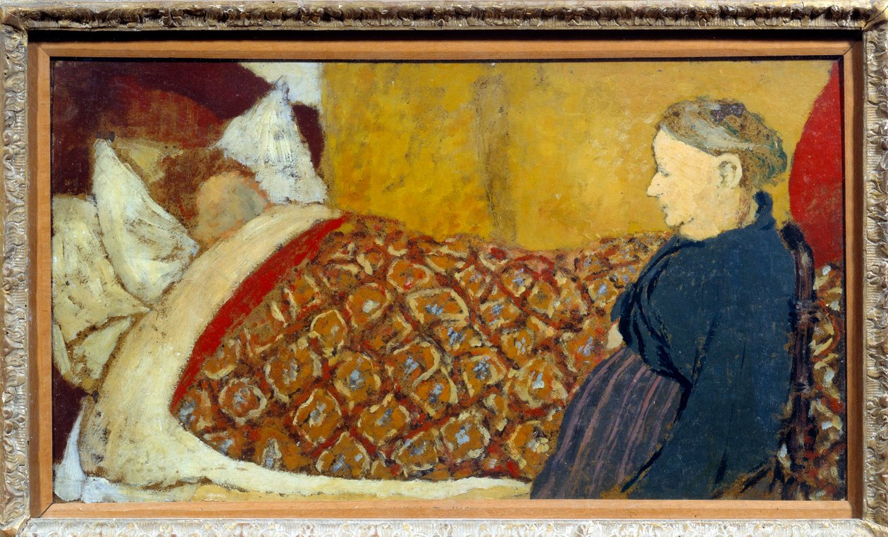 Ukolébavka Babička zpívá ukolébavku nebo vypráví pohádku dítěti, aby spalo. Kartonová maroufle na dřevěné desce Parqueque d"Edouard Vuillard od Edouard Vuillard