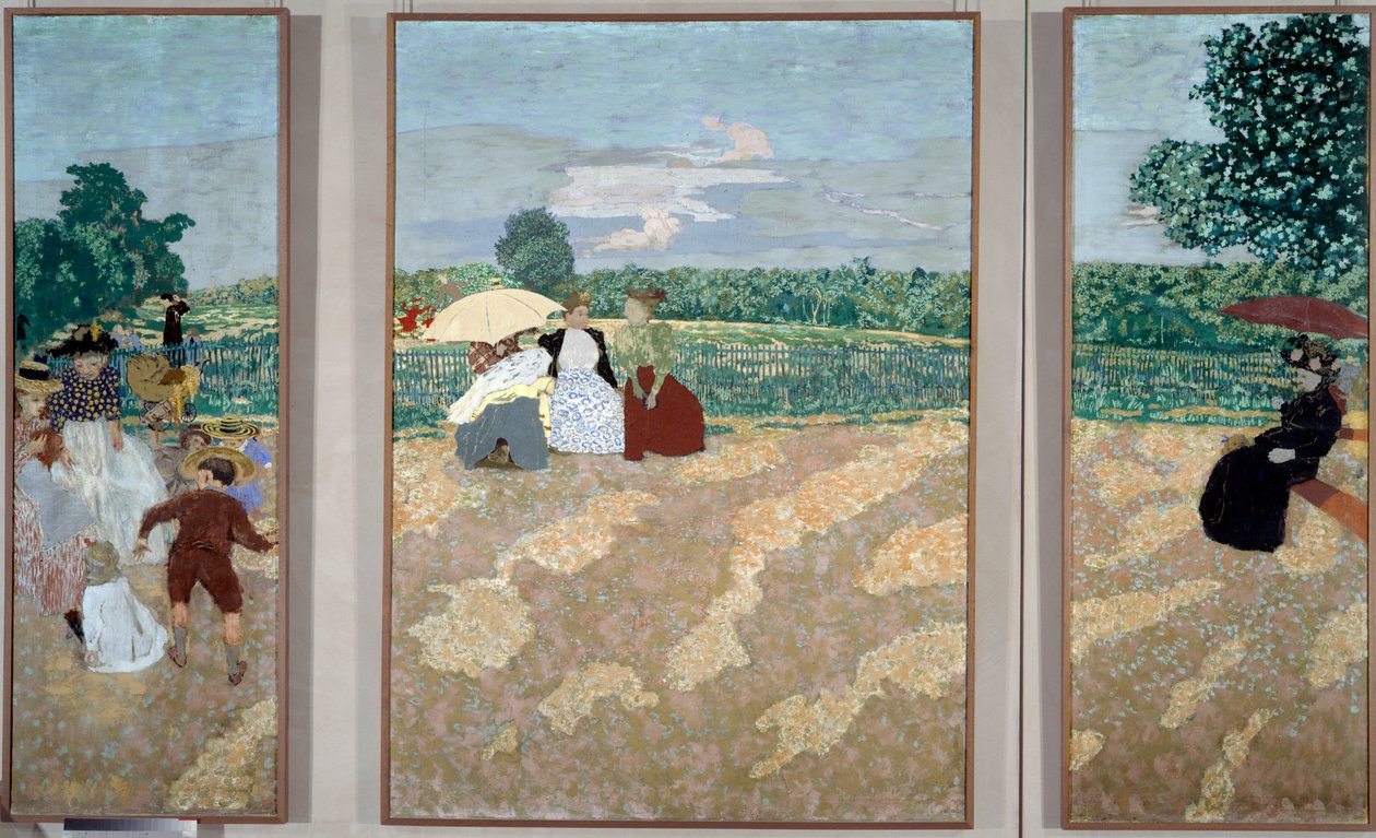Veřejné zahrady: Zdravotní sestry, Rozhovor a červený deštník - Triptych určený k výzdobě sídla Alexandra Natansona od Edouard Vuillard
