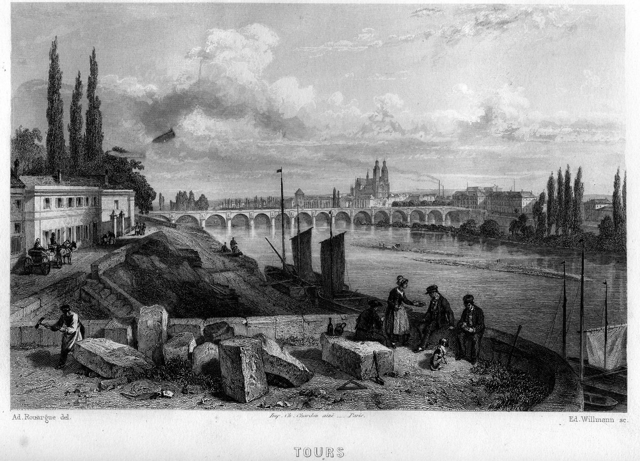 Pohled na město Tour, Indre-et-Loire (Indre et Loire), centrum, Francie. Rytina od Willmanna ve „Starověké a moderní Francii““ od Jean-Bernard Mary-Lafon (Jean Bernard Mary Lafon) od Edouard Willmann