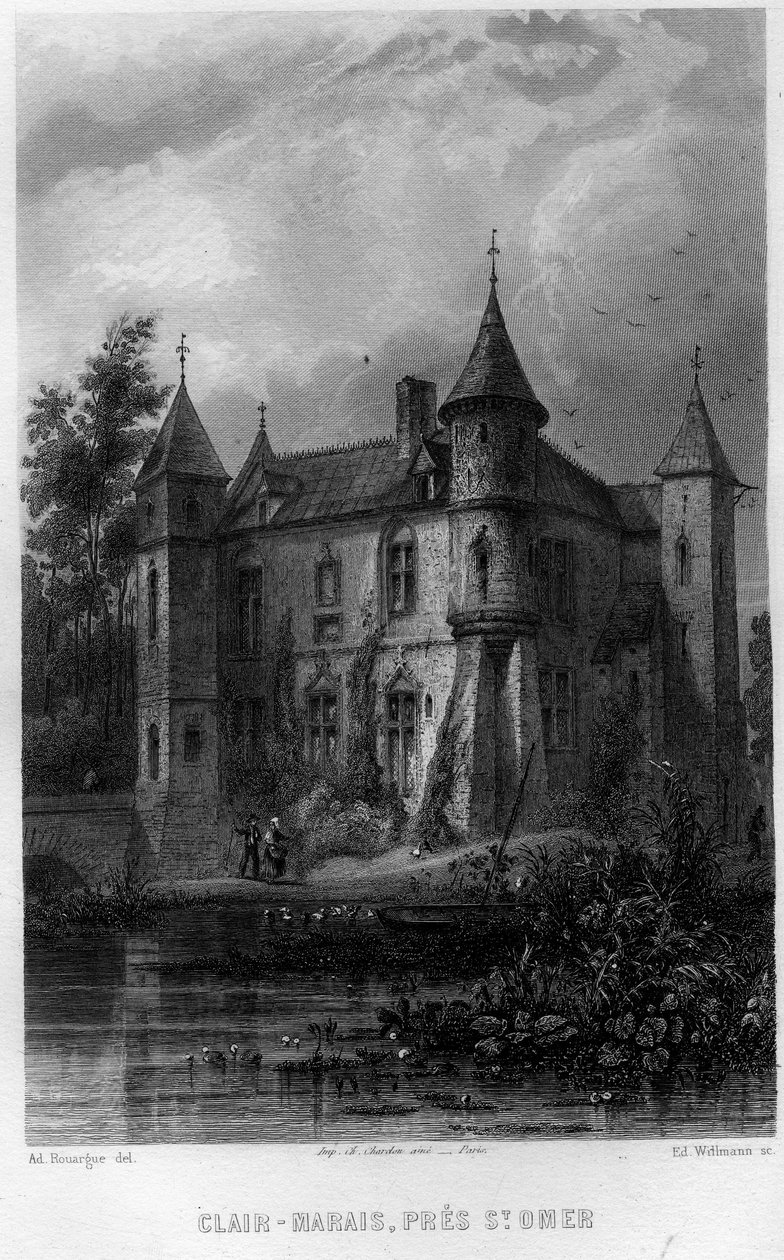 Clair bažina (Clair-Marais nebo Clairmarais) poblíž Saint Omer (Saint Omer), Pas-de-Calais, oblast Nord-Pas-de-Calais (Nord Pas de Calais), Francie. Rytina od Willmanna ve „Starověké a moderní Francii““ od Jean-Bernard Mary-Lafon (Jean Bernard Mary Lafon) od Edouard Willmann