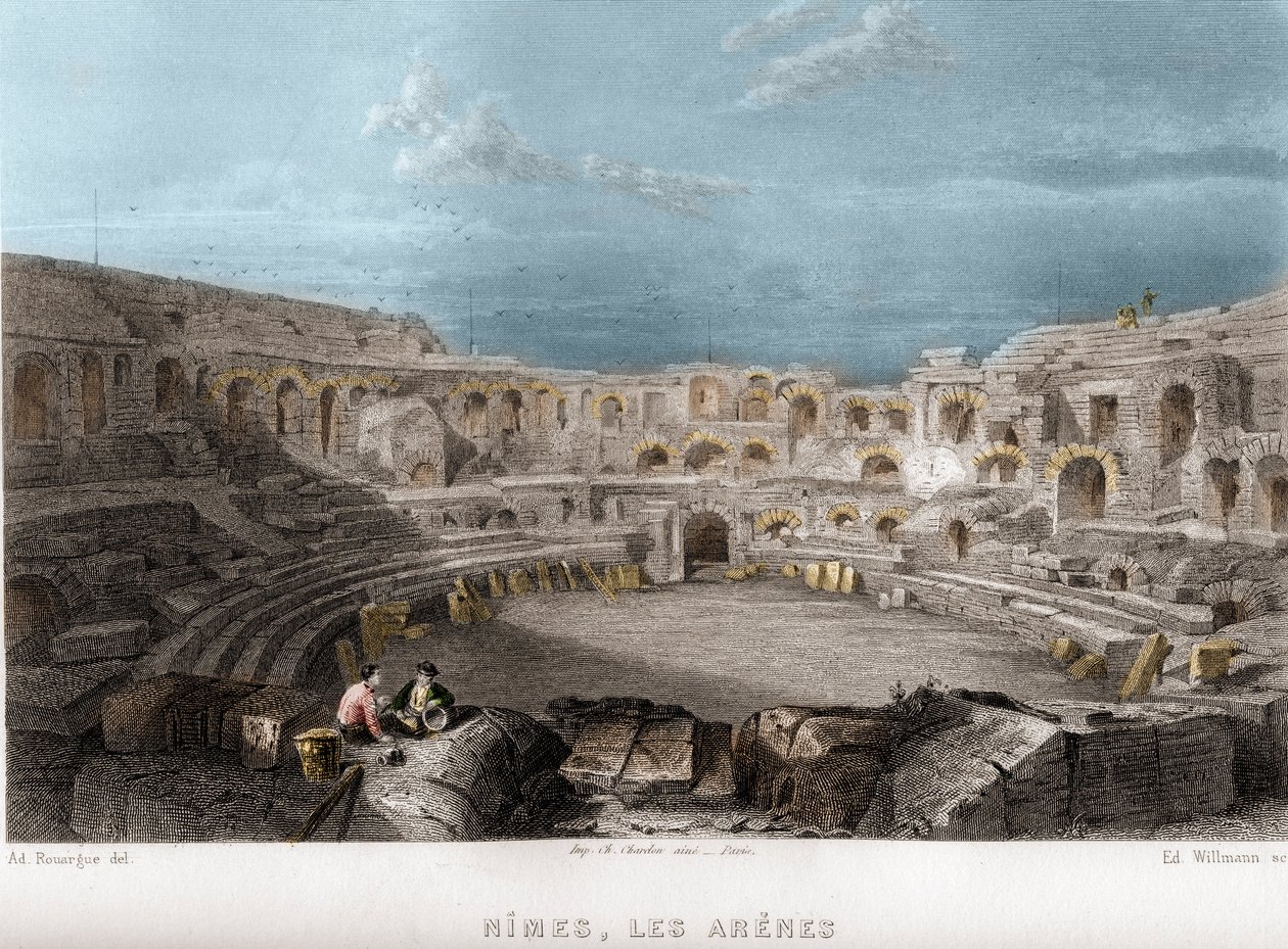 Arenas of Nimes, Gard, Languedoc-Roussillon (Languedoc Roussillon), Francie. Rytina od Willmanna ve „Starověké a moderní Francii““ od Jean-Bernard Mary-Lafon (Jean Bernard Mary Lafon) od Edouard Willmann
