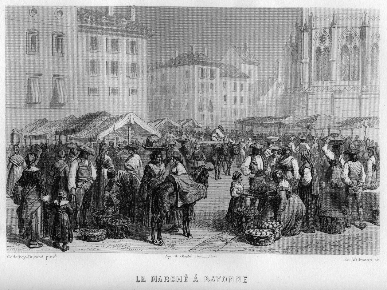 Marche v Bayonne, Pyrenees-Atlantiques (Pyrenees Atlantiques), Akvitánie, Francie. Rytina od Willmanna ve „Starověké a moderní Francii““ od Jean-Bernard Mary-Lafon (Jean Bernard Mary Lafon) od Edouard Willmann