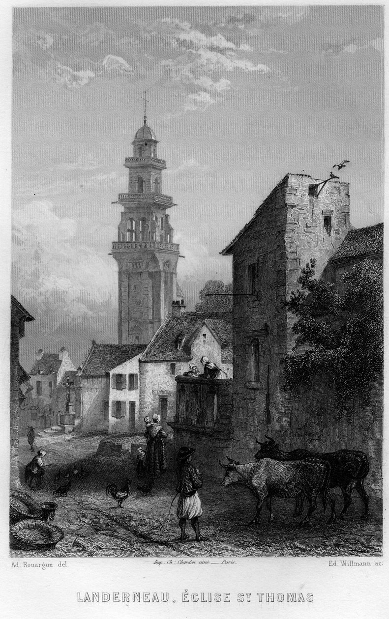 Pohled na Landerneau a kostel svatého Tomáše, Finistere, Bretaň, Francie. Rytina od Willmanna ve „Starověké a moderní Francii““ od Jean-Bernard Mary-Lafon (Jean Bernard Mary Lafon) od Edouard Willmann