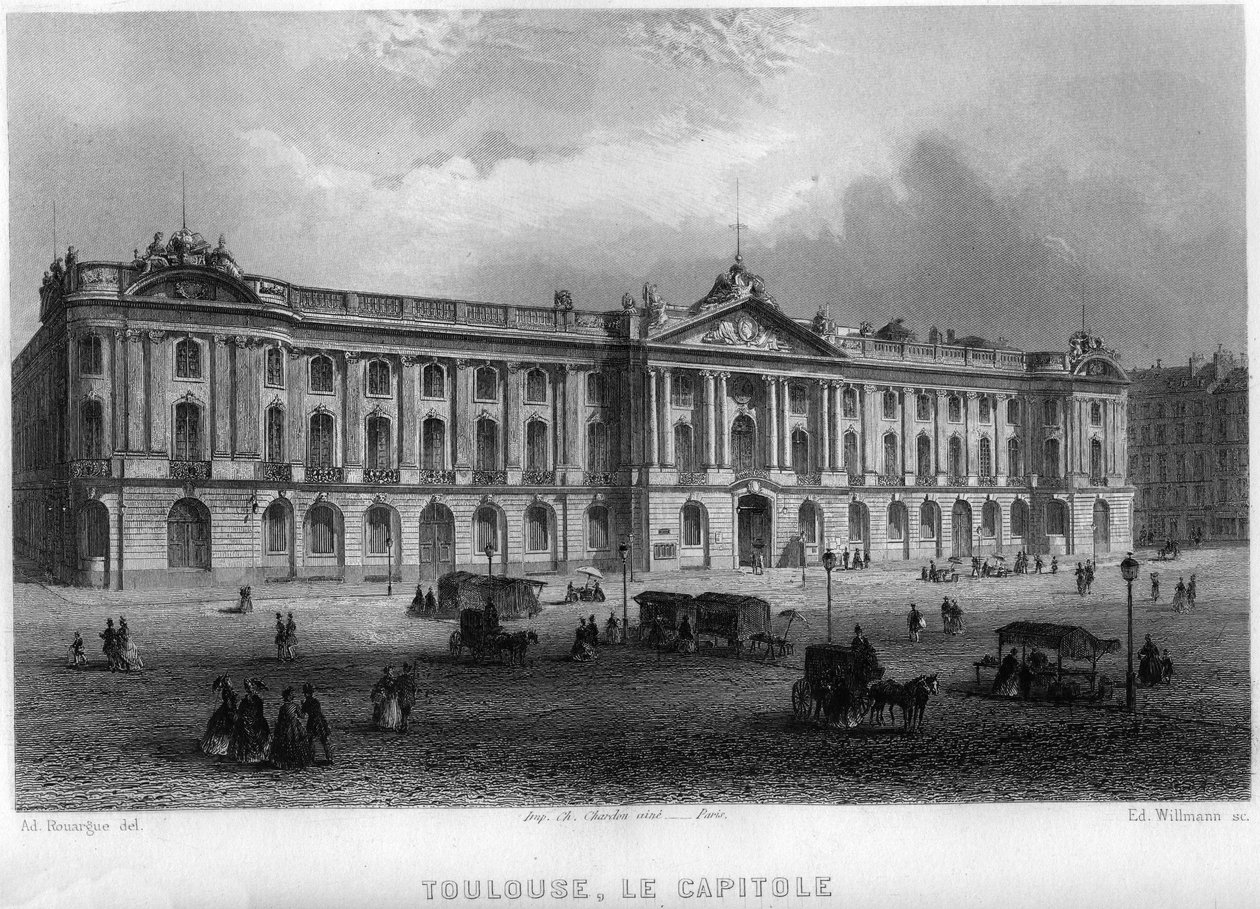 Pohled na hlavní město města Toulouse, Haute-Garonne (Haute Garonne), Midi-Pyrenees (Midi Pyrenees), Francie. Rytina od Willmanna ve „Starověké a moderní Francii““ od Jean-Bernard Mary-Lafon (Jean Bernard Mary Lafon) od Edouard Willmann