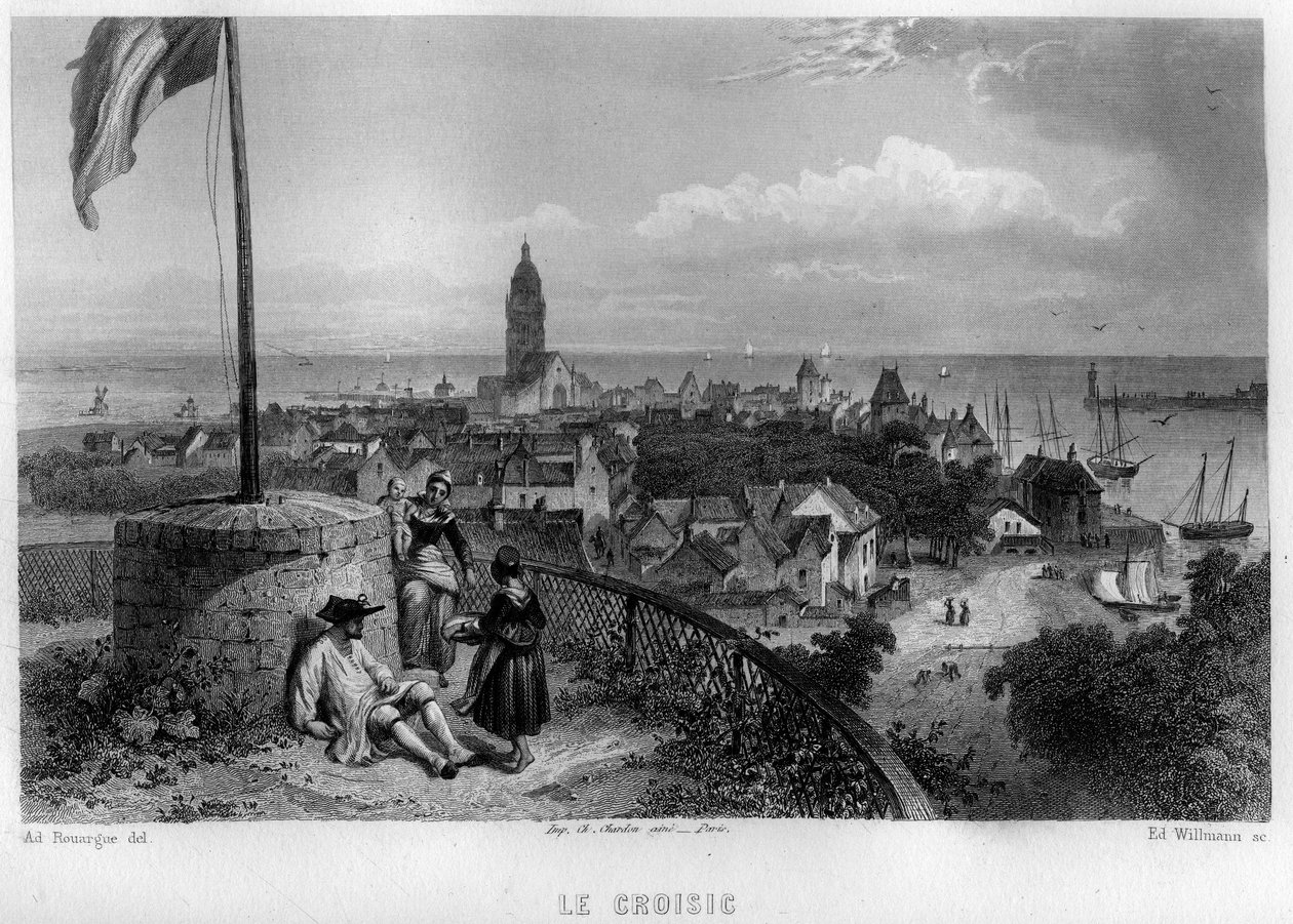 Pohled na město Croisic (Le Croisic), Loire-Atlantique (Loire Atlantique), Pays de la Loire, Francie. Rytina od Willmanna ve „Starověké a moderní Francii““ od Jean-Bernard Mary-Lafon (Jean Bernard Mary Lafon) od Edouard Willmann