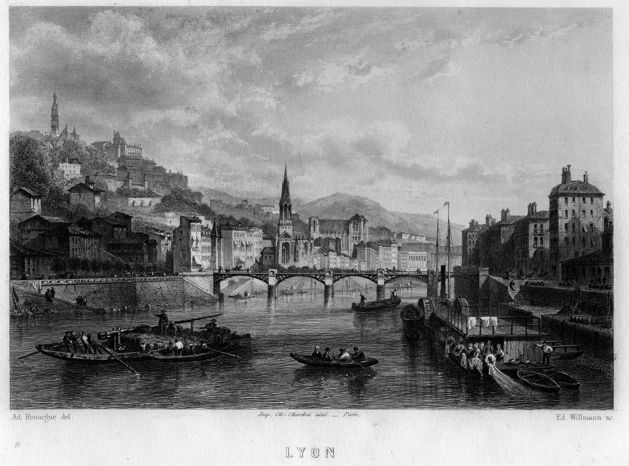 Pohled na město Lyon, departement Rhone, region Rhone-Alpes, Francie. Rytina od Willmanna v „La France ancienne et moderne““ od Jean-Bernard Mary-Lafon (Jean Bernard Mary Lafon) od Edouard Willmann