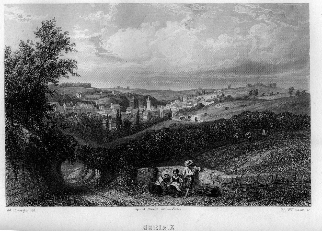 Pohled na město Morlaix, Finistere, Bretaň, Francie. Rytina od Willmanna ve „Starověké a moderní Francii““ od Jean-Bernard Mary-Lafon (Jean Bernard Mary Lafon) od Edouard Willmann