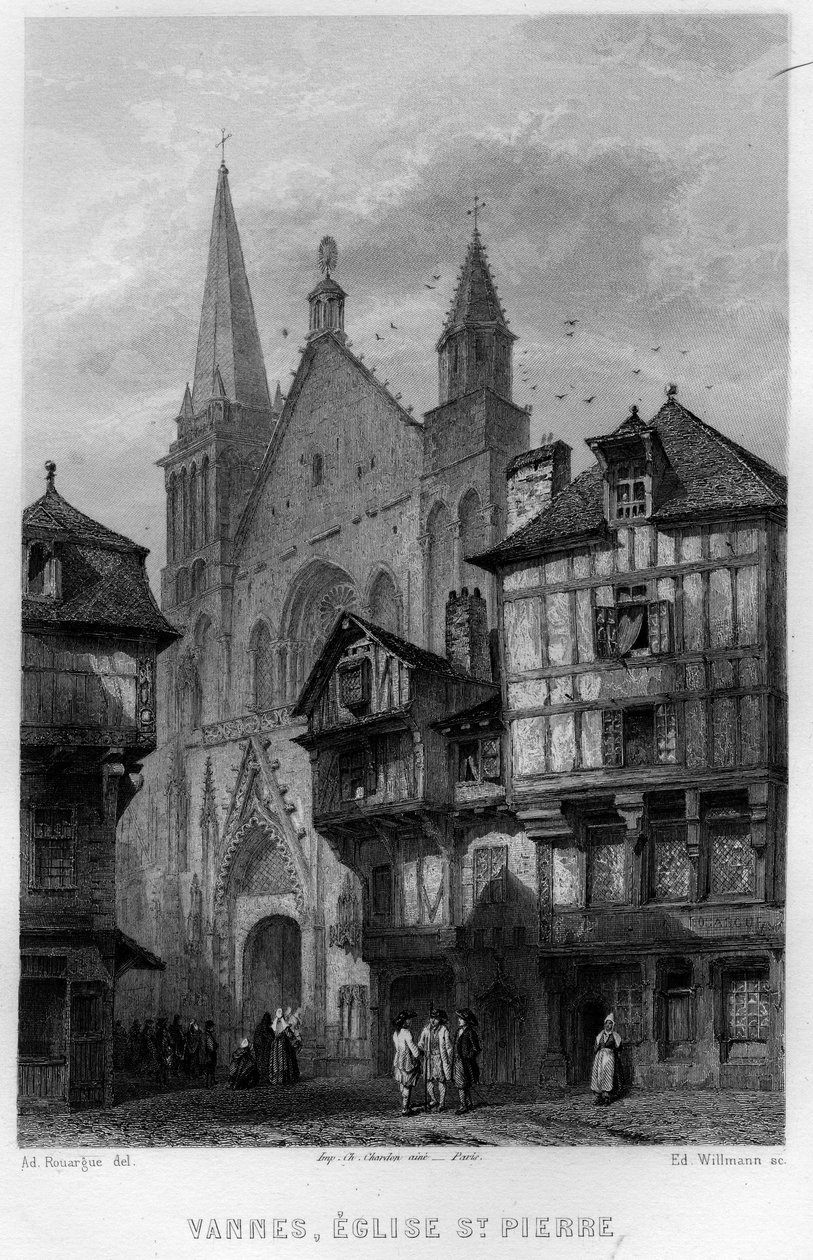 Pohled na město Vannes a kostel Saint Pierre, Morbihan, Bretaň, Francie. Rytina od Willmanna v „La France ancienne et moderne““ od Jean-Bernard Mary-Lafon (Jean Bernard Mary Lafon) od Edouard Willmann