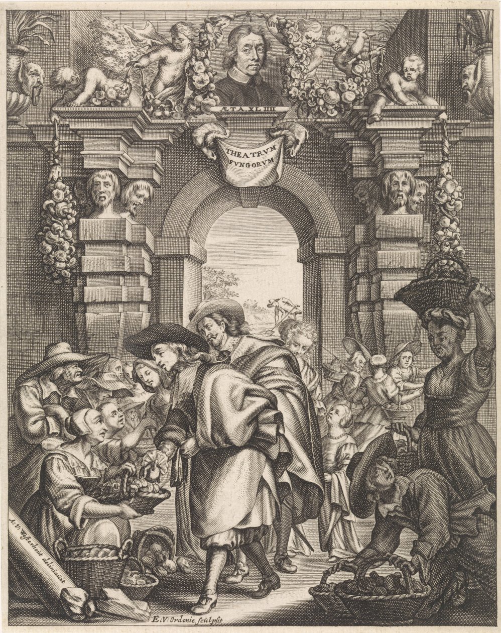 Dva pánové kupují houby na trhu Titulní ilustrace pro: F. van Sterbeeck, Theatrum Fungorum oft het tooneel der Campernoelien, 1675 od Edouard van Ordonie