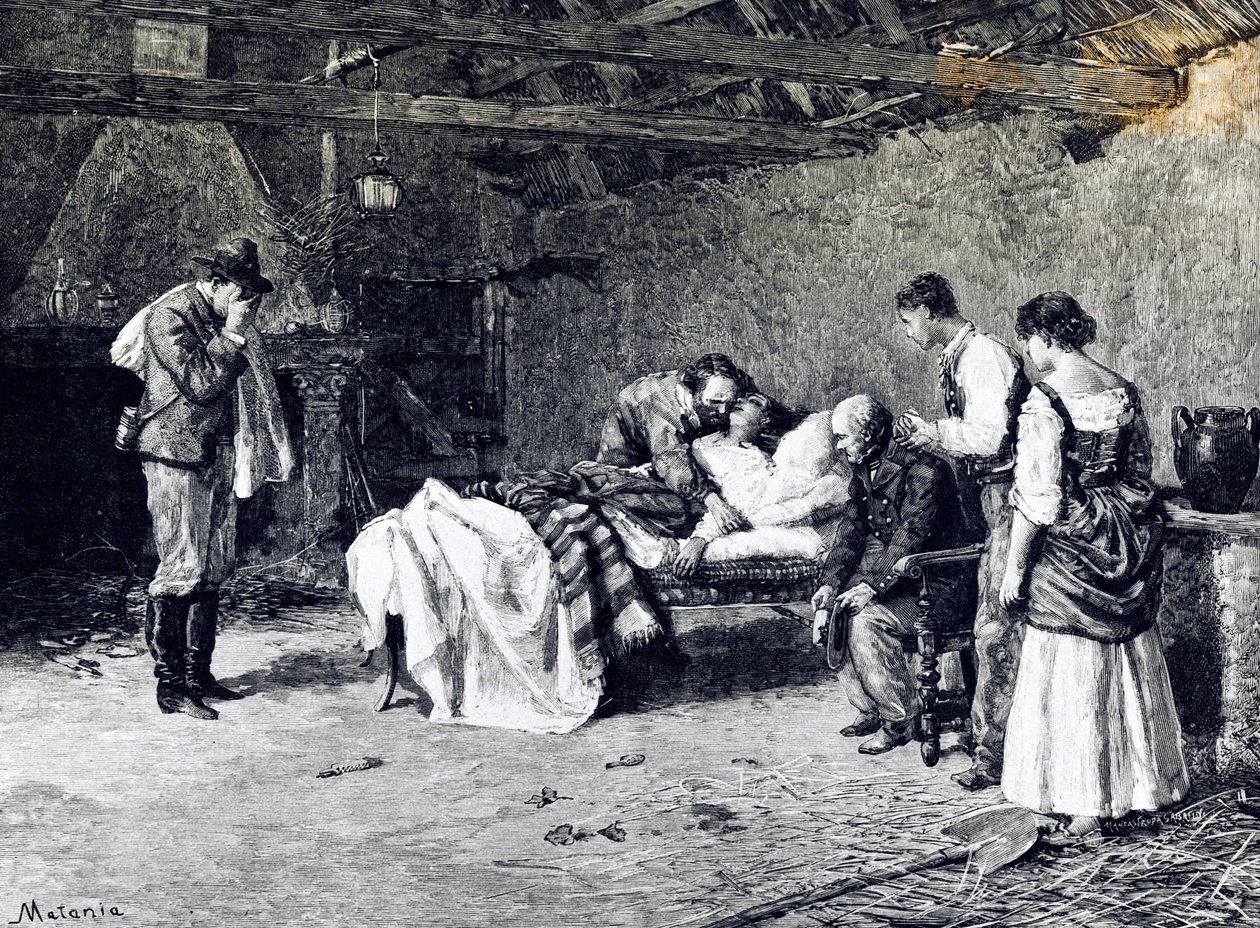 Smrt Anity Garibaldi na farmě markýze Guiccioliho (ilustrace) od Edouardo Matania