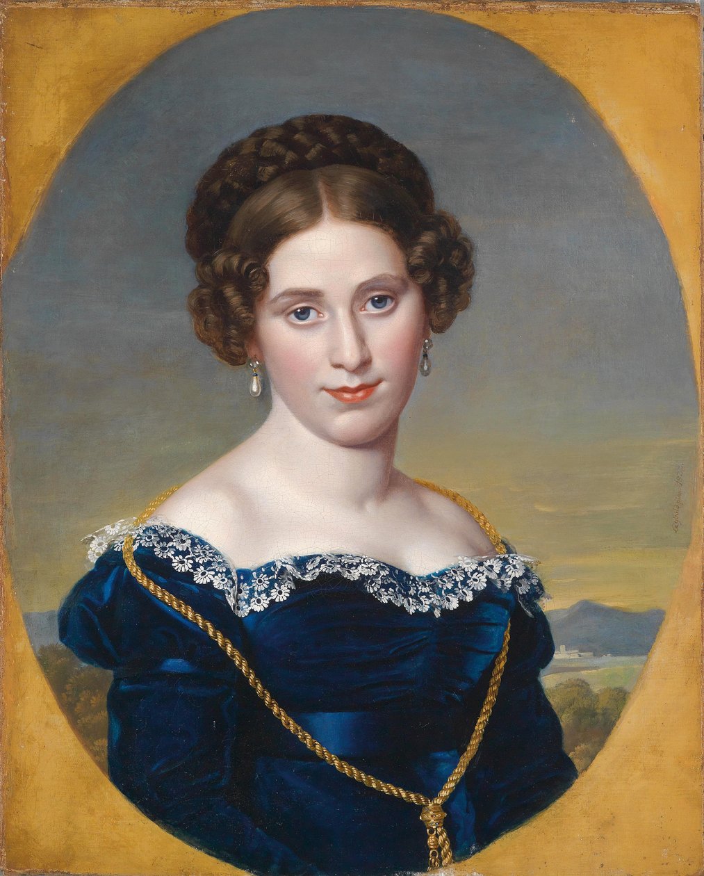 Portrét mladé ženy / portrét dámy před krajinným pozadím od Eduard Friedrich Leybold