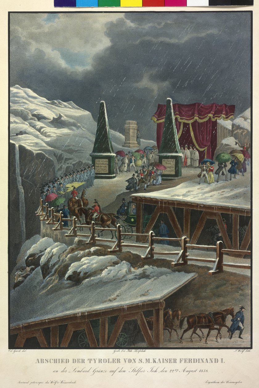 Rozloučení Tyrolska s císařem Ferdinandem I. ve 22 letech. Srpen 1838 (kolorovaná litografie) od Eduard Gurk