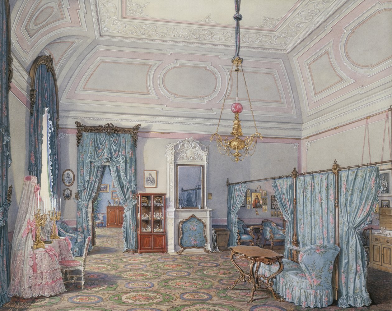 Interiéry Zimního paláce. Pátý rezervovaný byt. Ložnice velké princezny Marie Alexandrovny, 1873 od Eduard Hau