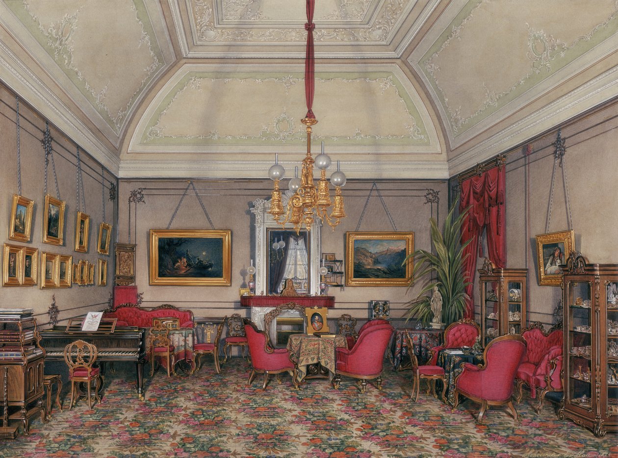 Interiéry Zimního paláce. Pátý rezervovaný byt. Přijímací pokoj velké princezny Marie Alexandrovny, 1874 od Eduard Hau