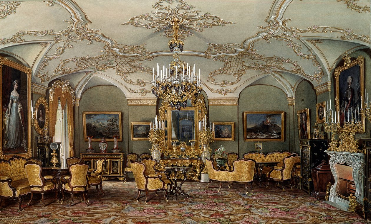 Pohled na salon Alexandry Fjodorovny (Fedorovna nebo Fjodorovny nebo Charlotty Pruské (1798-1860)), manželky cara Mikuláše I. v Gatčinském paláci. Akvarel připisovaný Eduardovi (Edouardovi) Hauovi (1807-1870) 19. století Petrohrad, Ermitáž muzeum od Eduard Hau