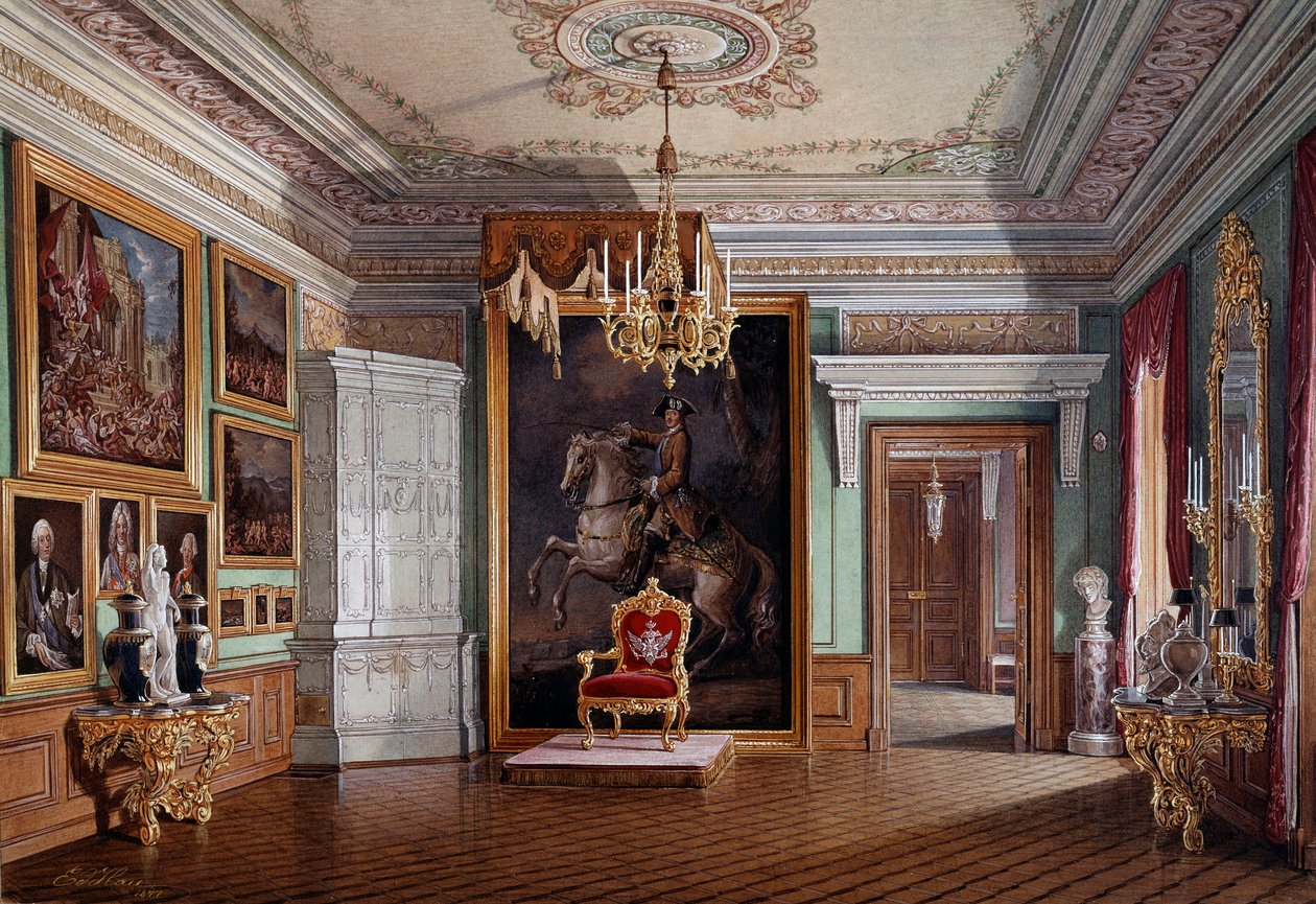 Pohled na sál trůnu Pavla I. (1754-1801) v Gatčině, uprostřed portrét Petra I. Akvarel Eduarda (Edwarda) Hau (1807-1870) Saint Petersbour z 19. století, Ermitážní muzeum od Eduard Hau