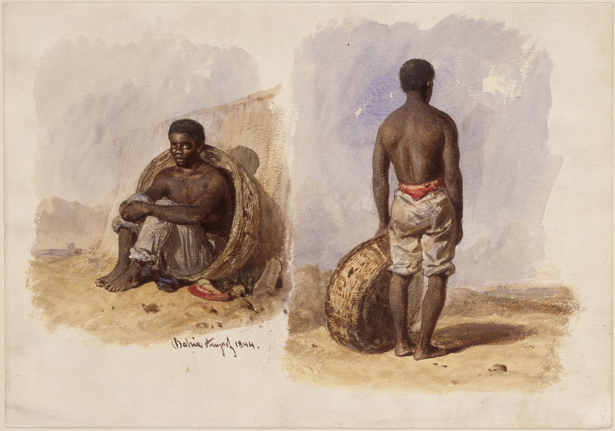Dvě studie afro-brazilce; vlevo sedící v koši opřeném o zeď, vpravo stojící v pohledu zezadu od Eduard Hildebrandt
