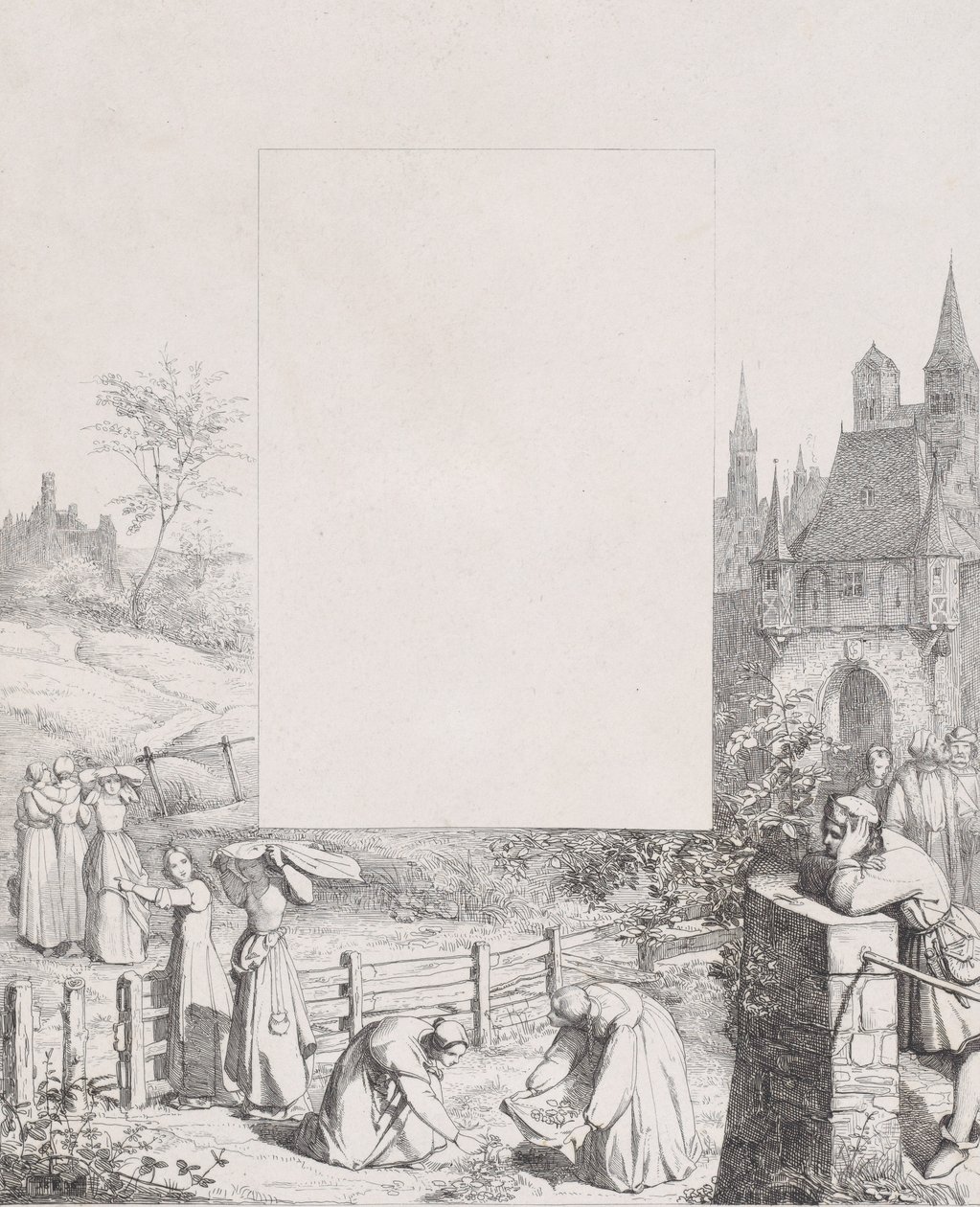 Talíř 5: ženy sbírající rostliny a nesoucí je nad hlavami, mužský divák v ří..., 1836. od Eduard Julius Friedrich Bendemann