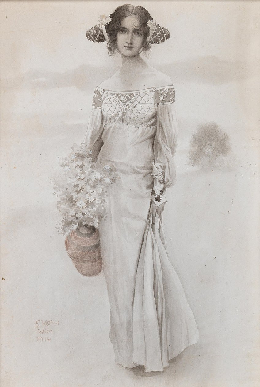 Dívka se džbánem a kyticí květin, 1914. od Eduard Veith