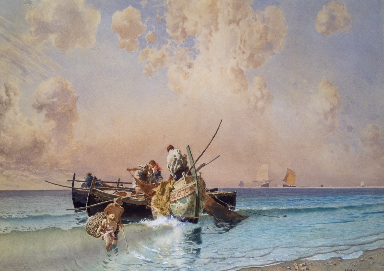 Zpátky z rybaření, Eduardo Dalbono (1841-1915), olej na plátně, 53x73 cm od Eduardo Dalbono