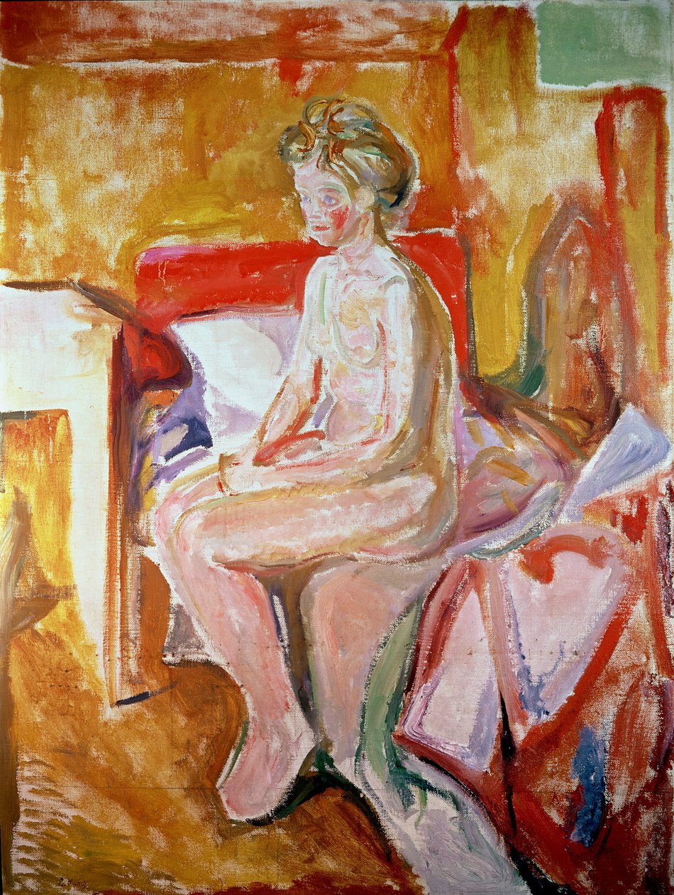 Dívka sedící na okraji postele od Edvard Munch