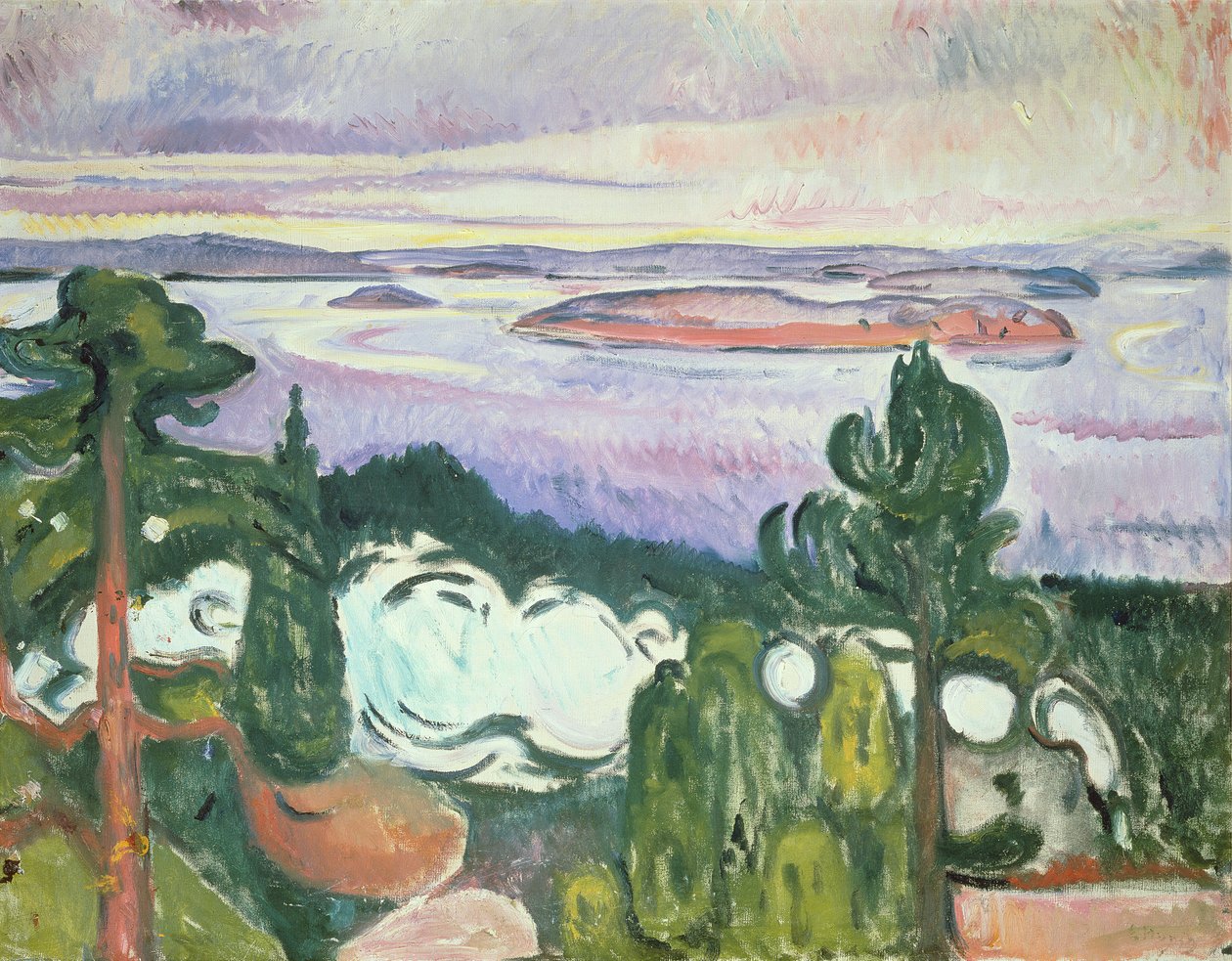 Oslofjord - Severní pláž (krajina s železnicí, vlakem, kouřem) 1910 od Edvard Munch