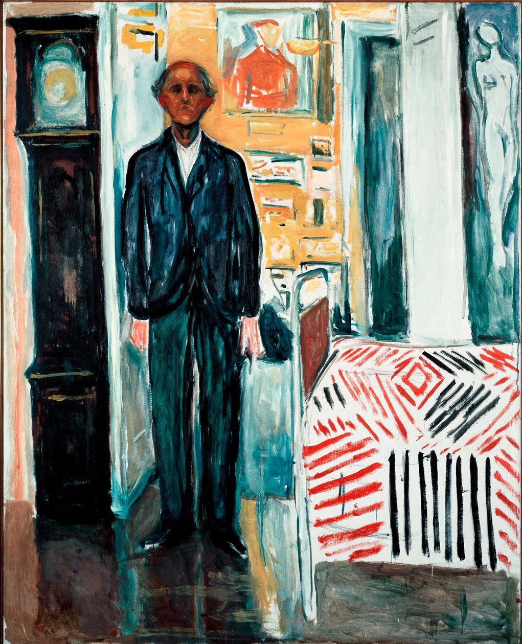 Mezi postelí a hodinami Obraz Edvarda Muncha (1863-1944) 1940-1942 Rozm. 149,5x120 cm Oslo, Munch-Museet od Edvard Munch
