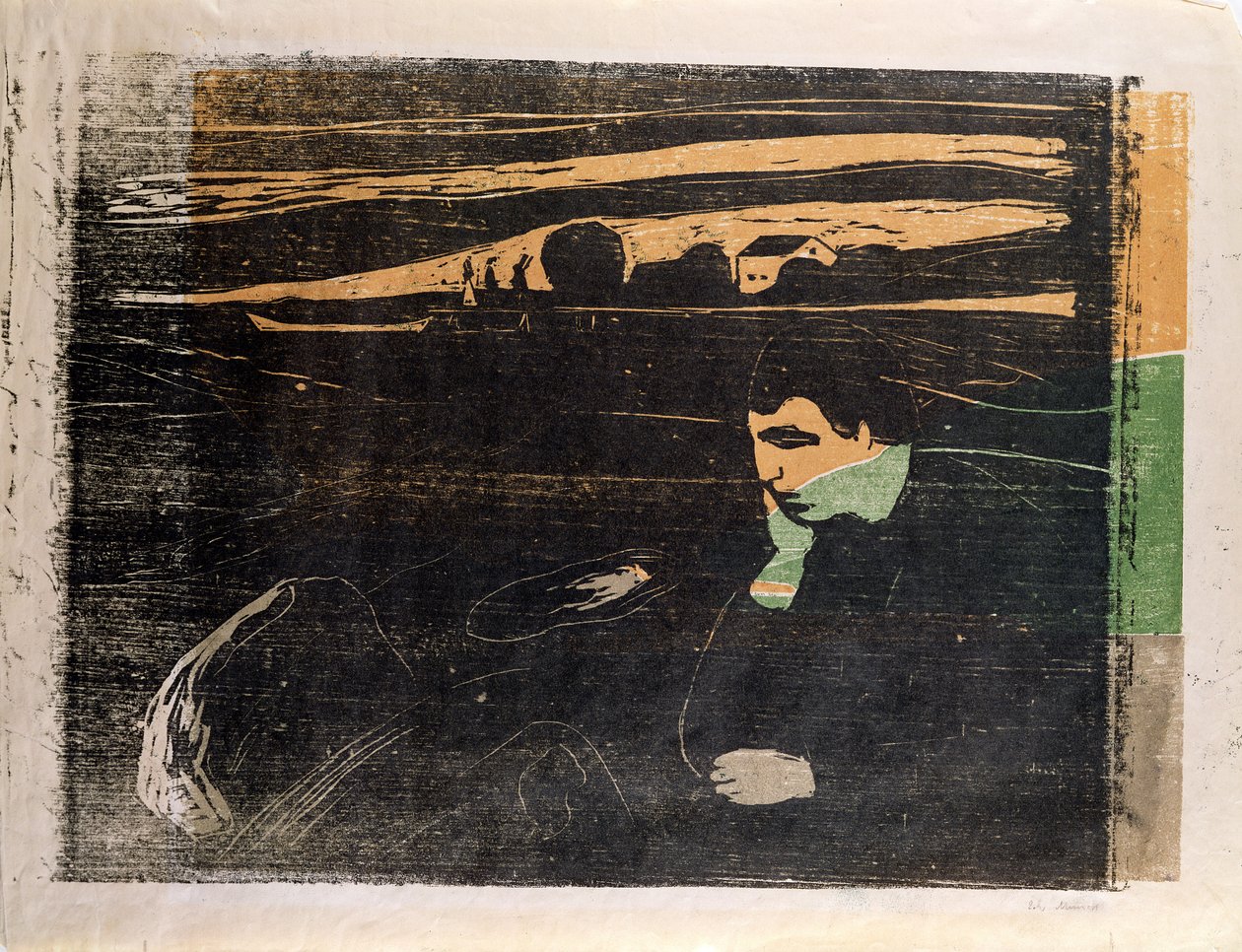 Večer, melancholie: Na pláži (Abend, Melancholie am Strand) (dřevořez) od Edvard Munch