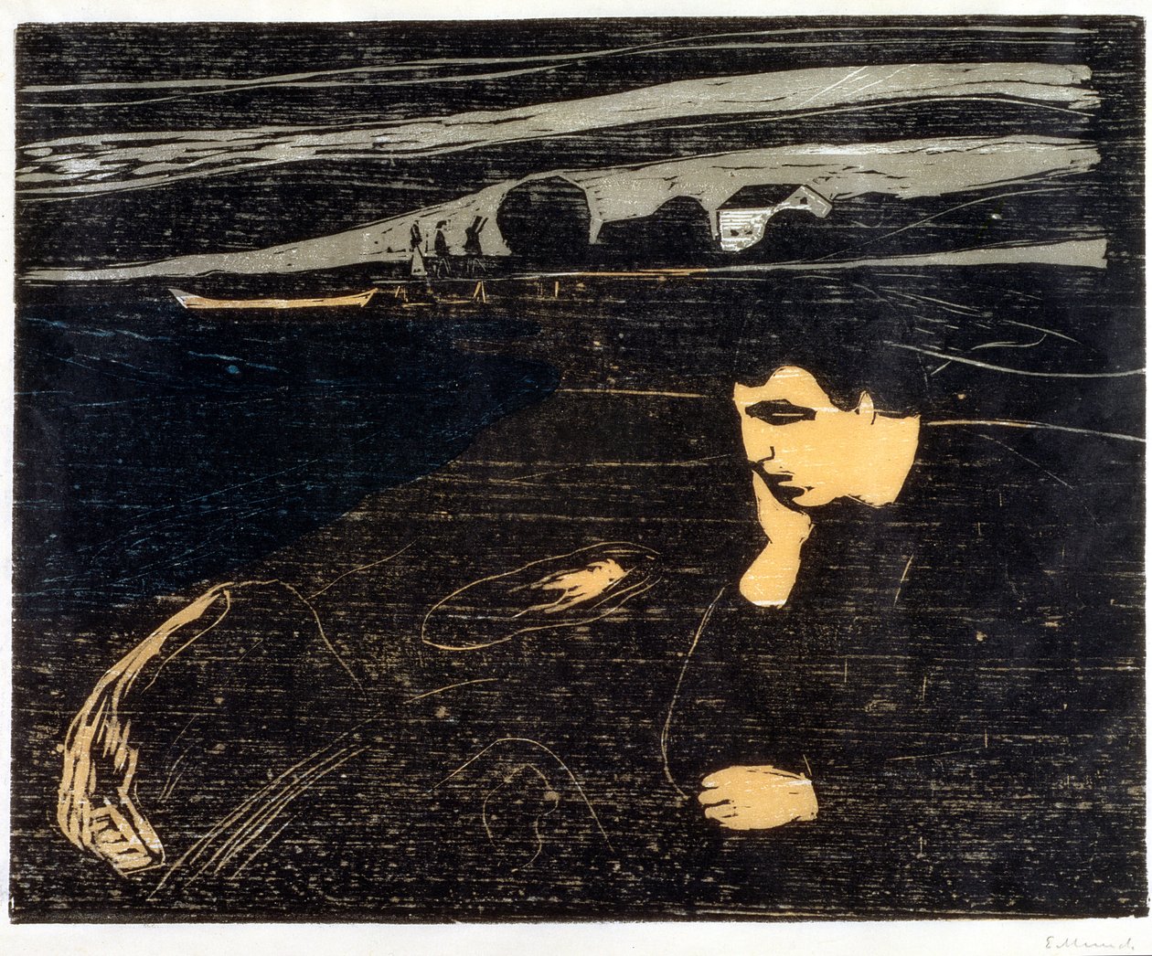 Večer, melancholie: Na pláži (Abend, Melancholie am Strand) (dřevořez) od Edvard Munch