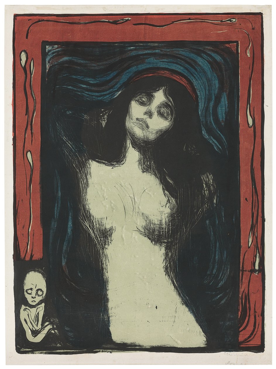 Madonna - Liebendes Weib, c. 1895-1902 (litografie, tištěná černá, červená, modrá a nefritově zelená na bílém) od Edvard Munch