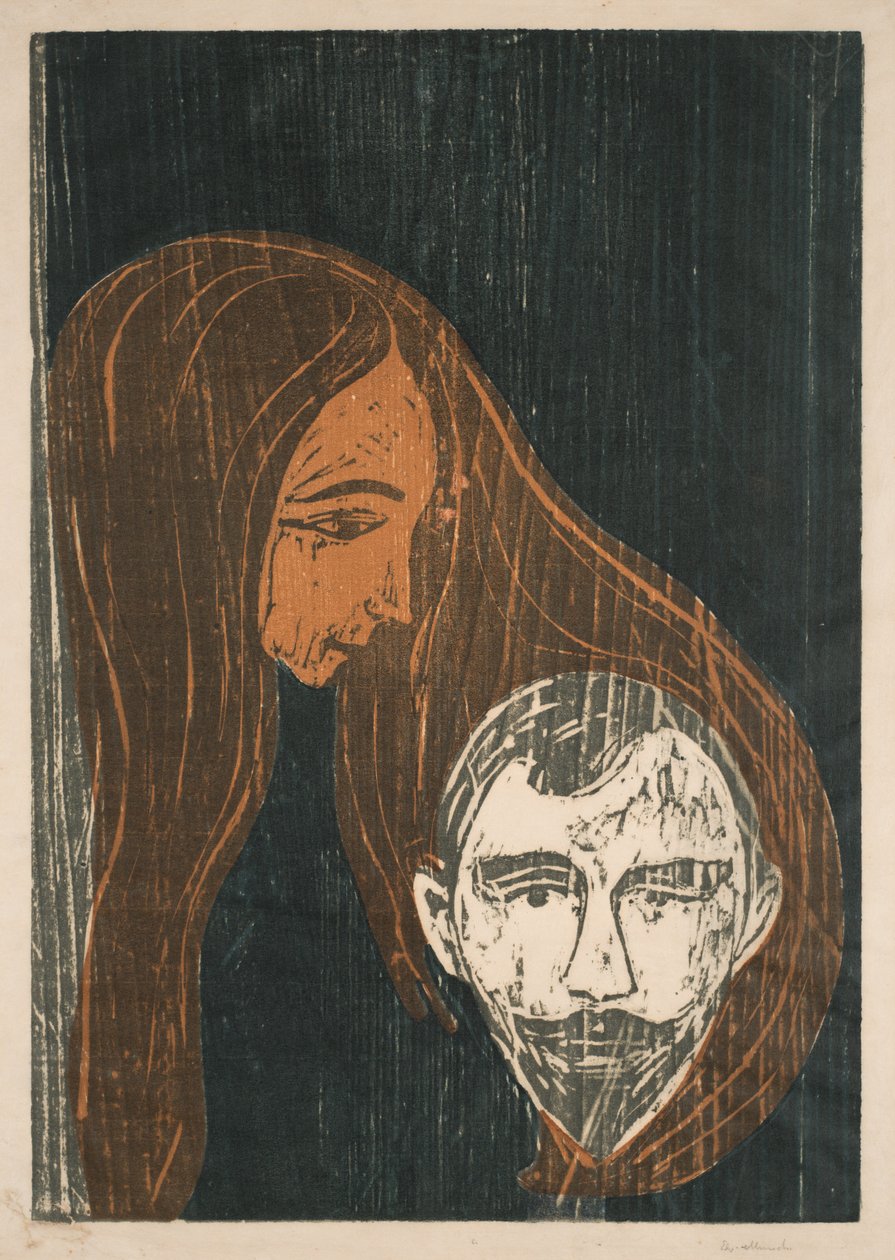 Mužská hlava v ženských vlasech od Edvard Munch