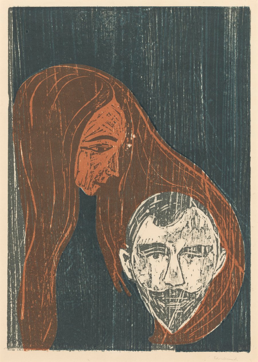 Mužská hlava ve vlasech ženy od Edvard Munch