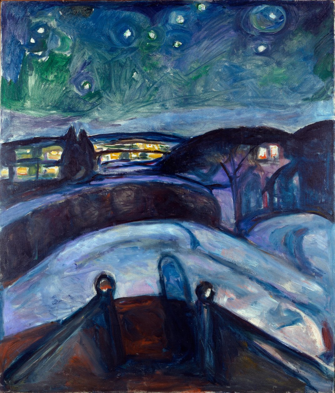 Hvězdná noční noční krajina v severní Evropě. Obraz Edvarda Muncha (1863-1944) 1923-1924 Ne. 139x119 cm Oslo, Kommunes Kunstsamlinger Munch-Museet (Musee Munch) od Edvard Munch