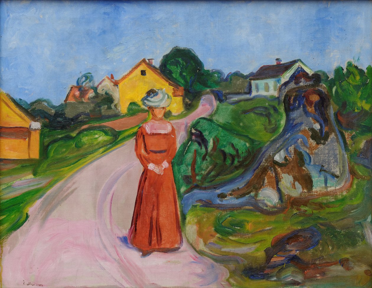 Ulice v Åsgårdstrandu a žena v červených šatech od Edvard Munch