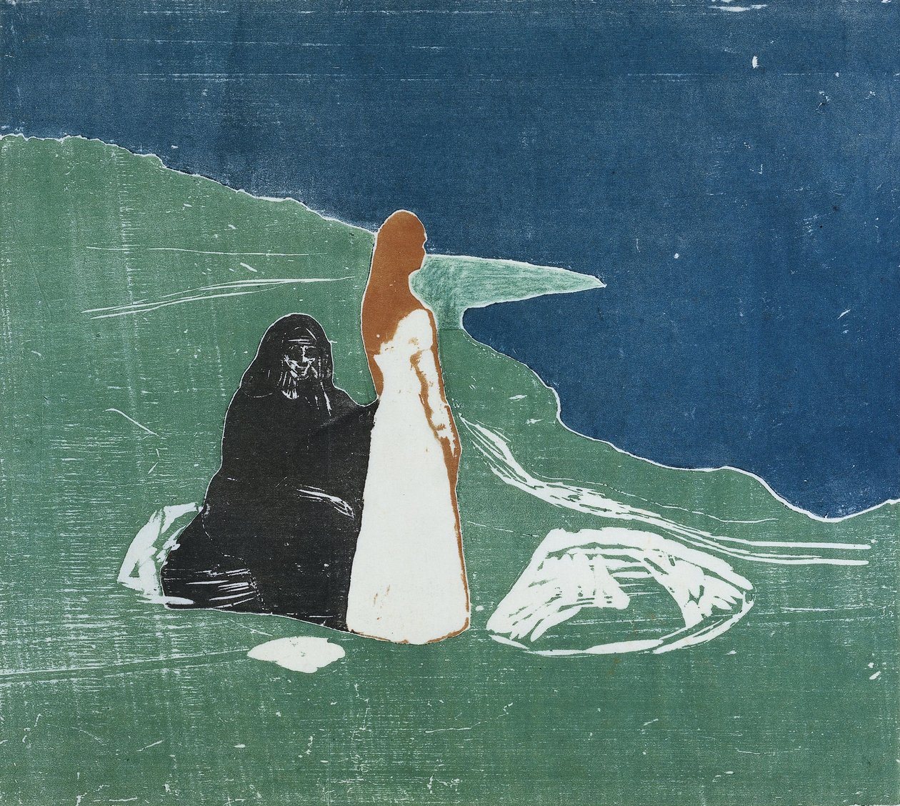 Dvě ženy na pláži, 1898 (barevný dřevoryt) od Edvard Munch
