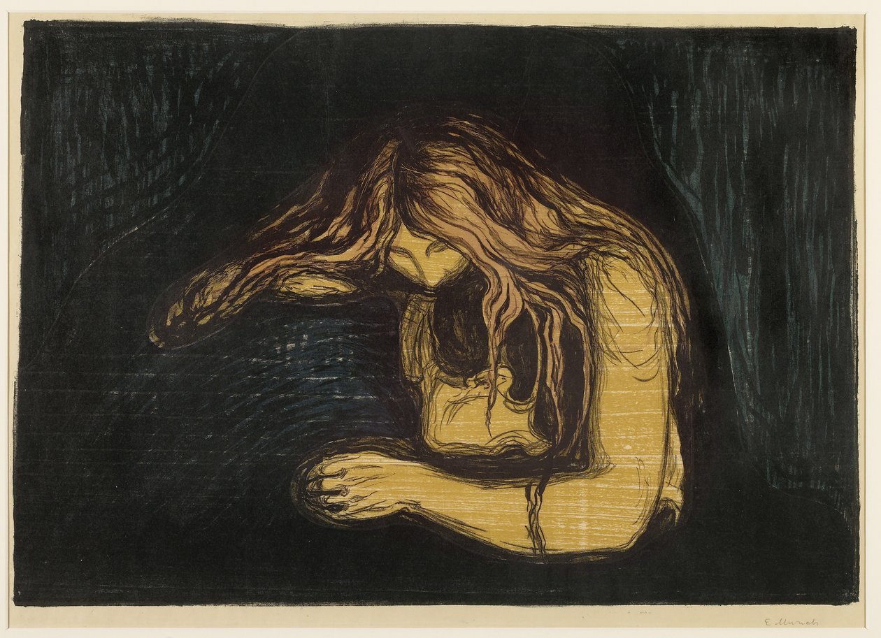 Vampire, 1895-1902 (barevný dřevořez a litografie na tenkém tkaném papíru na tenkém japonském papíře) od Edvard Munch