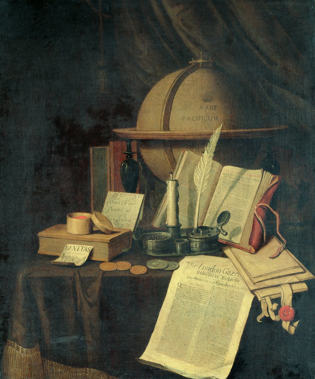 Omnia Vanitas: Pozemský glóbus, caviole, mince a kopie London Gazette z 13. července 1691 od Edwaert Colyer or Collier