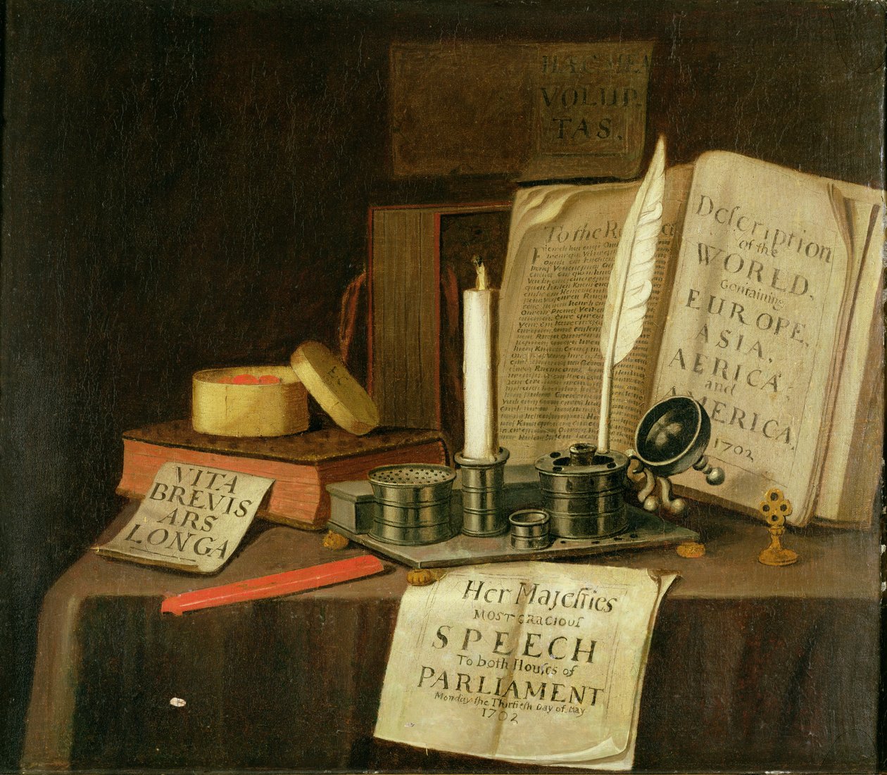 Trompe L"Oeil s cínovým stojanem na inkoust, knihy a papíry, 1702 od Edwaert Colyer or Collier