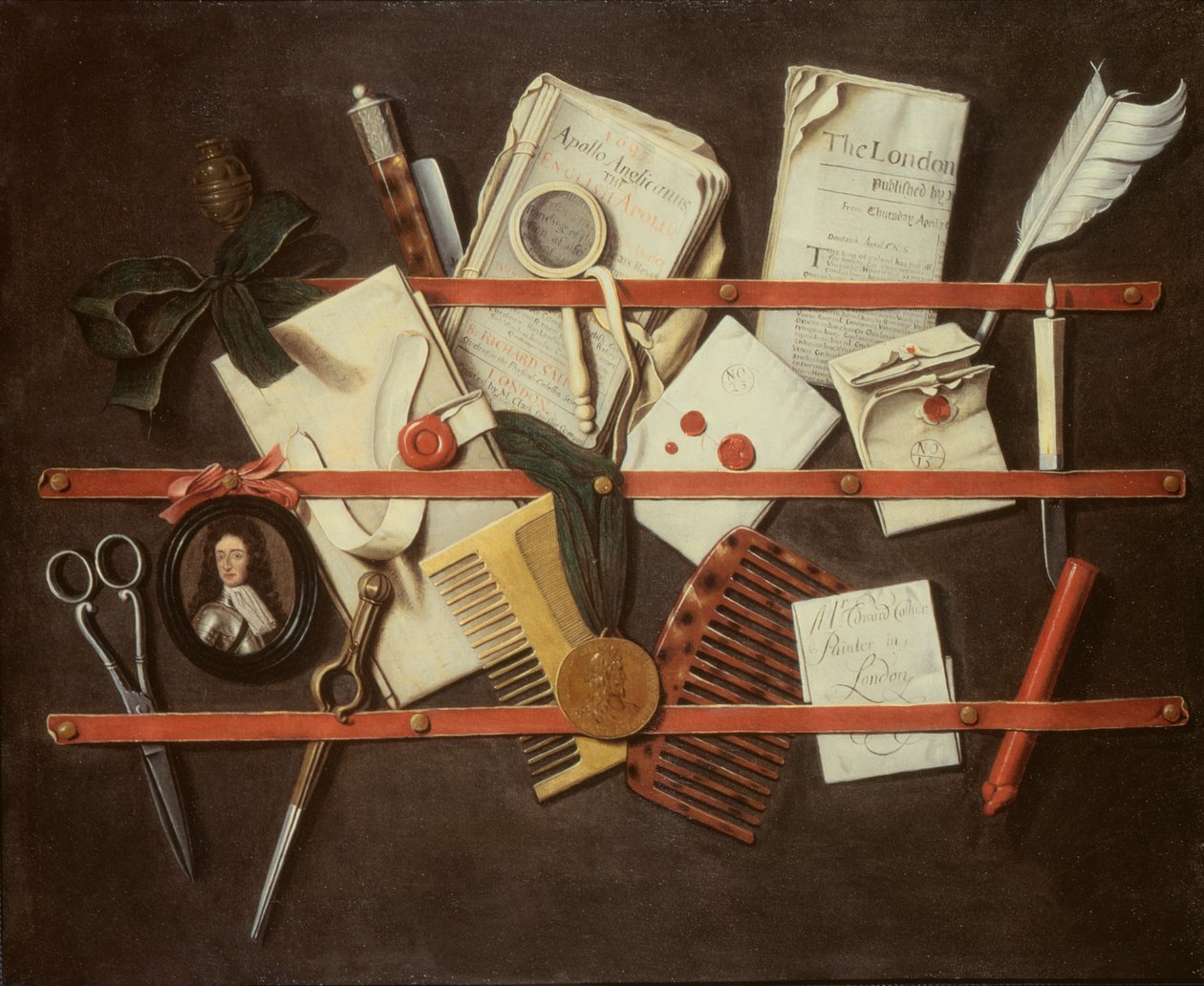Stojan na dopisy Trompe loeil s miniaturním portrétem mladého muže v brnění, 1697 (panel) od Edwaert Colyer or Collier