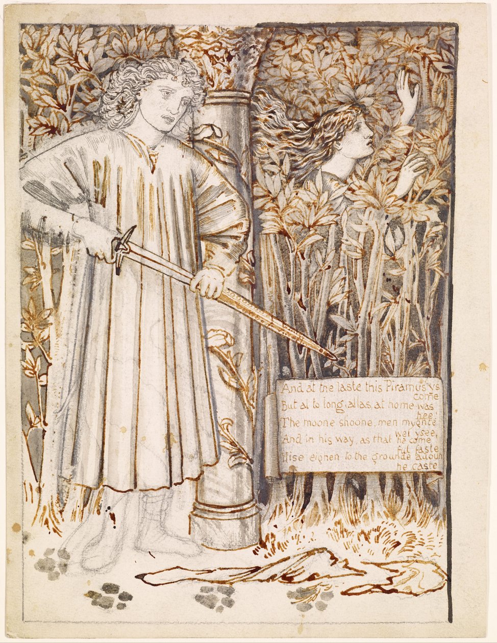 Pyramus a Thisbe - Pyramus tasí svůj meč, aby se zabil od Edward Burne Jones