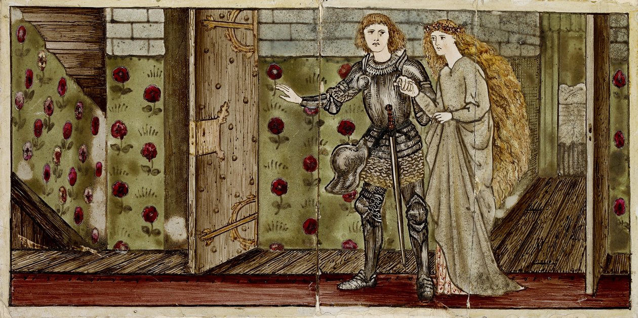 Sada šestnácti dlaždic uspořádaných do dvojic, které tvoří osm ilustrací pohádky "Briar Rose", 1862-1865 (keramika) od Edward Burne Jones