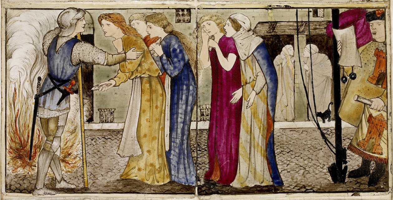 Sada šestnácti dlaždic uspořádaných do dvojic, které tvoří osm ilustrací pohádky "Briar Rose", 1862-1865 (keramika) od Edward Burne Jones