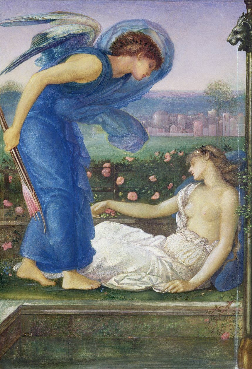 Amor a Psýché, asi 1865 (čb, tělové barvy a pastel na papíře na plátně) od Edward Burne Jones