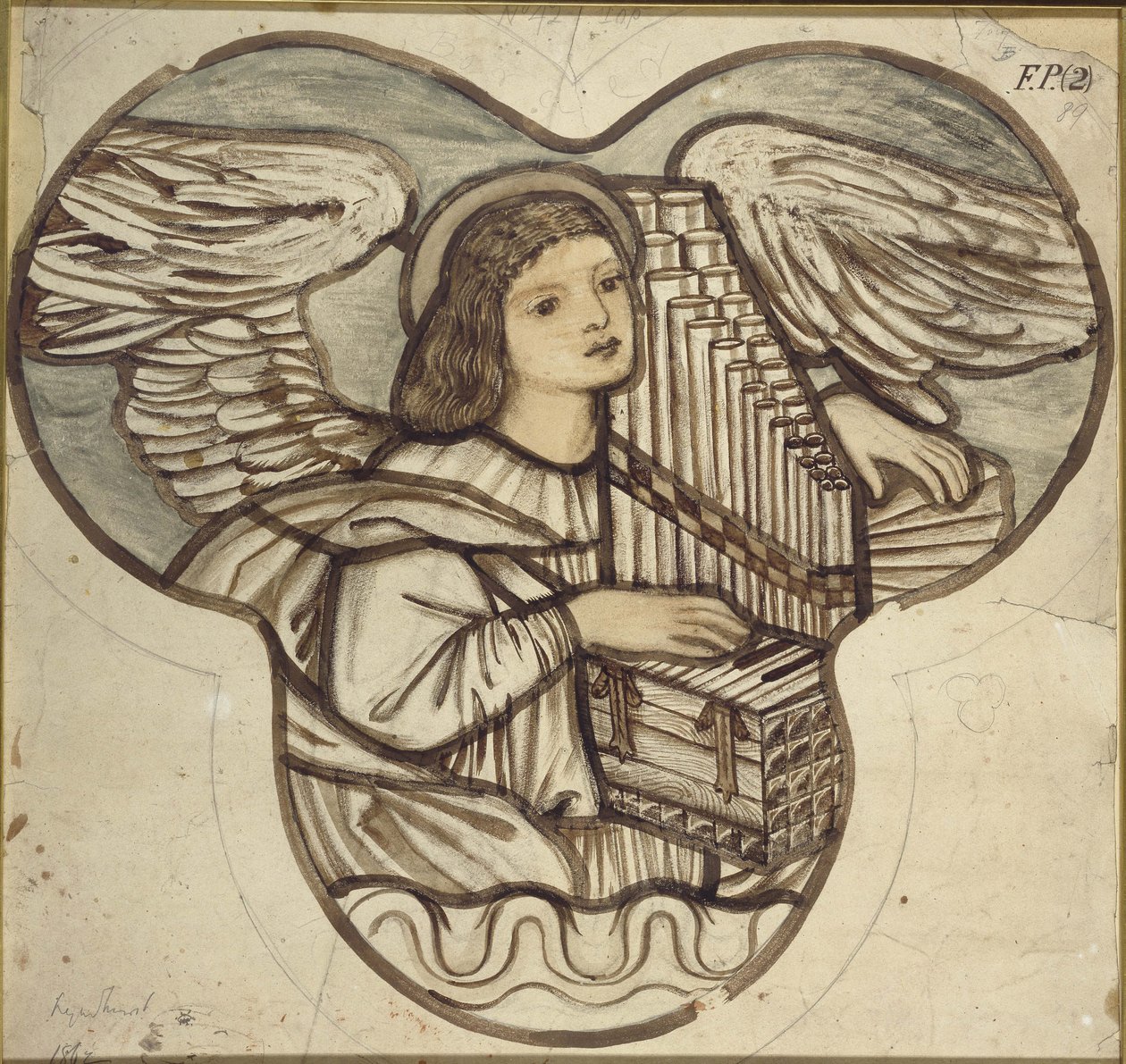 Design pro barevné sklo v Lyndhurst Church: An Angel Varhanist, 1886 (hnědá a modrá omývá grafitem) od Edward Burne Jones