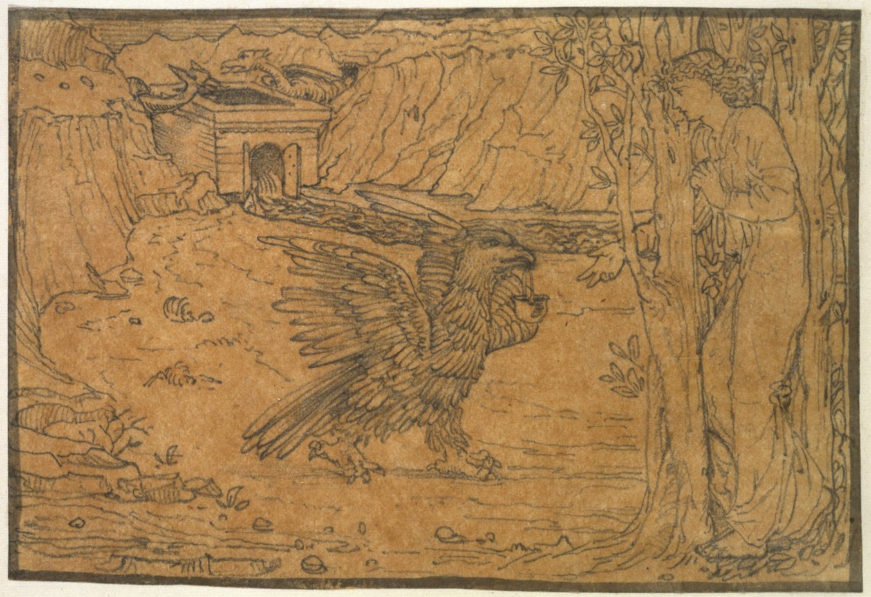 Příběh Amora a psychiky: Černá voda, c. 1864 - c. 1868 (grafit, s inkoustovým okrajem, na pauzovacím papíru) od Edward Burne Jones
