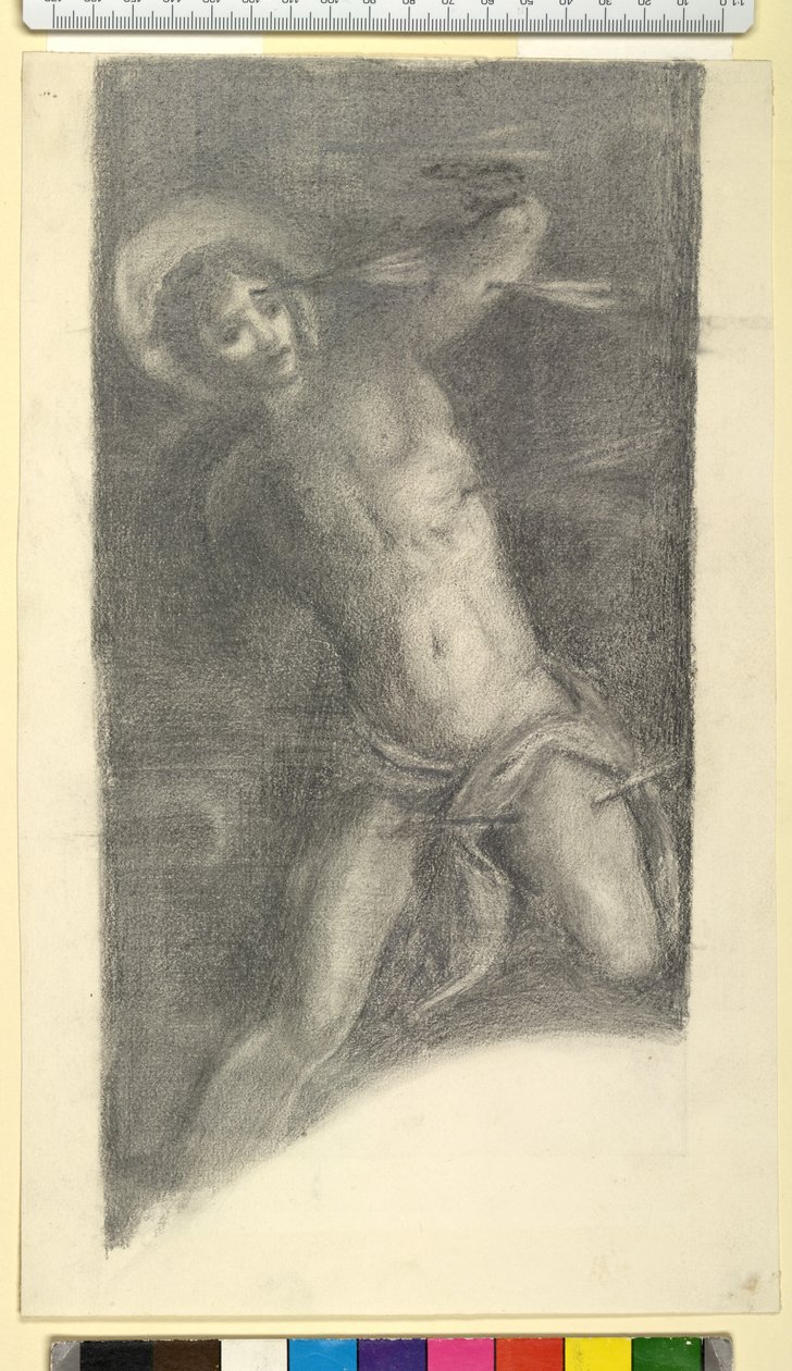 Studie Tintorettova svatého Šebestiána ve Scuola Grande di San Rocco, 1859 nebo 1862 (černá křída a grafit na tkaném papíře) od Edward Burne Jones