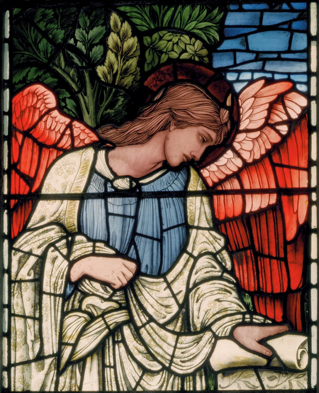 Birmingham, Acocks Green, St Mary The Virgin, Morris & Co., Edward Burne-Jones, John Henry Dearle (1859-1932), Angel with Scroll, detail, 1895 od Edward Coley and Dearle Burne Jones